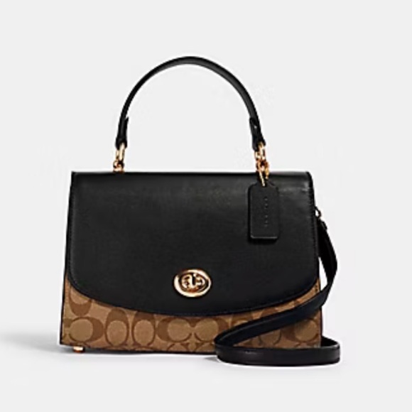 Coach Tilly Top Handle Satchel bag in black / khaki with chain charm - Picture 3 of 13